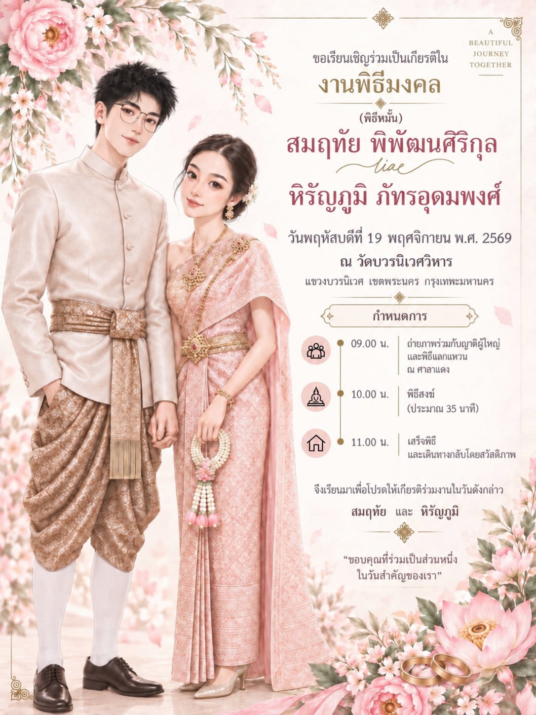 การ์ดเชิญพิธีมงคล (พิธีหมั้น) ของสมฤทัยและหิรัญภูมิ